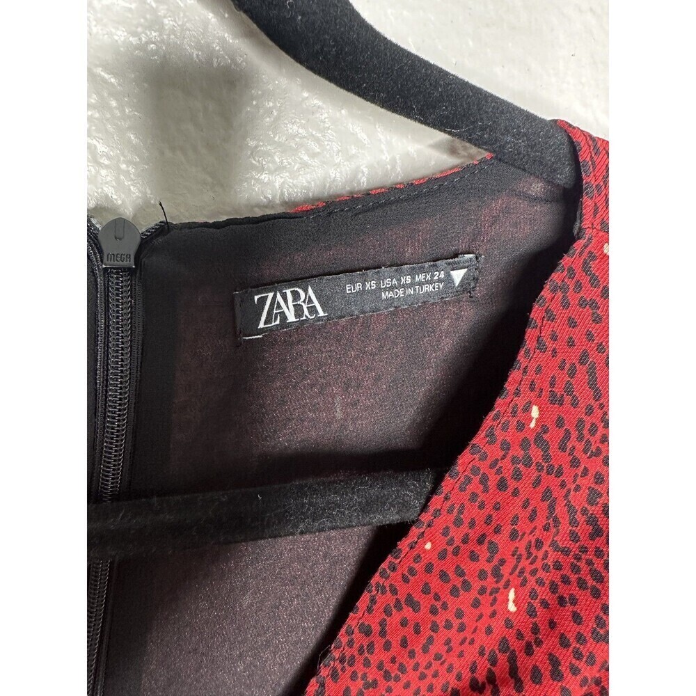Zara Dress Womens XS Mini V Neck Ruched Party Polka Dot Red Black Long Sleeve - Picture 2 of 7